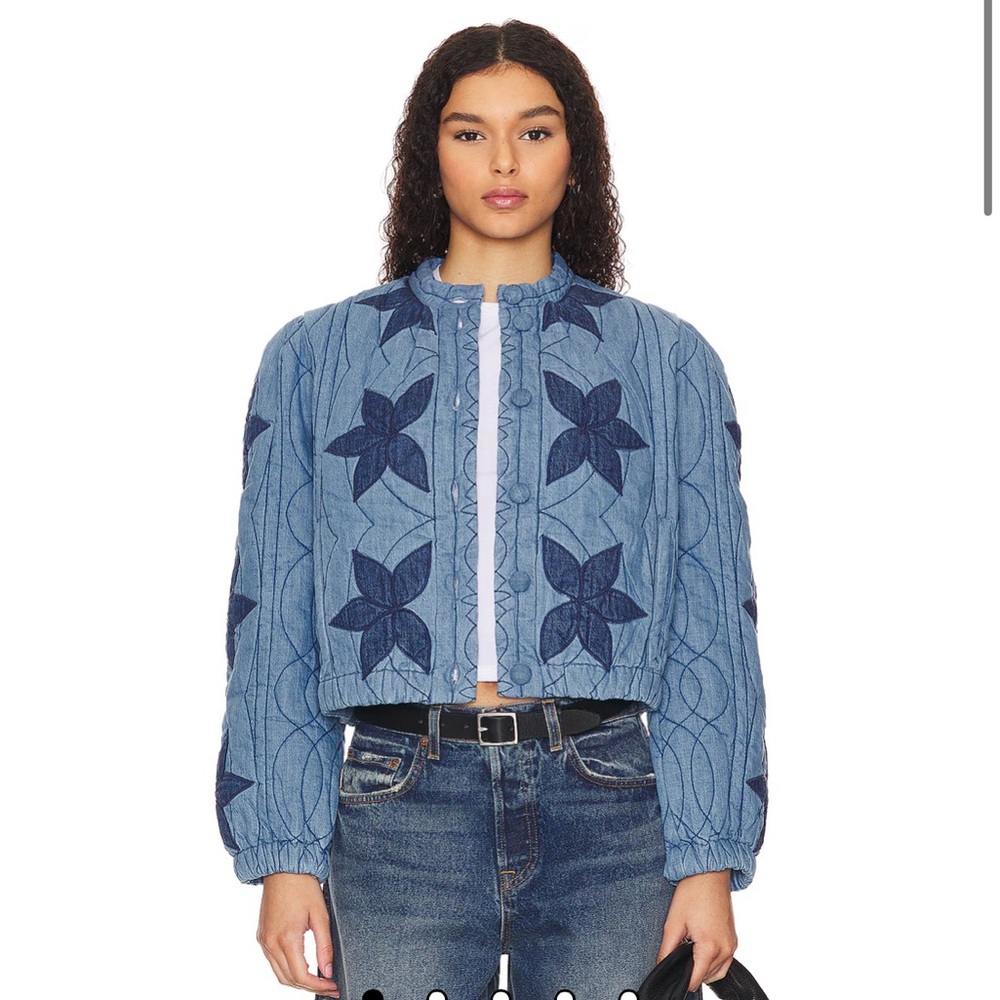 New Free People Quinn Quilted Jacket in Indigo Combo Size M